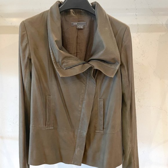 Vince Leather Scuba Jacket in Olive Green - Small